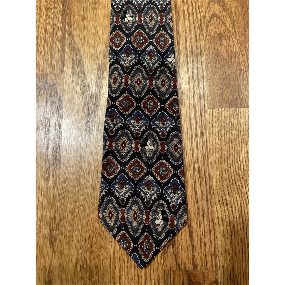 Vintage Mickey Inc Disney Tie Silk Blue Red Geometric Pattern